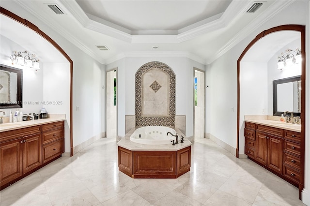 5963 NW 75th Way, Parkland, FL 33067 - bathroom featuring a tub with jets, two vanities, baseboards, a raised ceiling, and ornamental molding