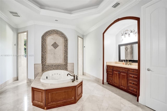 5963 NW 75th Way, Parkland, FL 33067 - bathroom with vanity, a jetted tub, ornamental molding, a tray ceiling, and baseboards