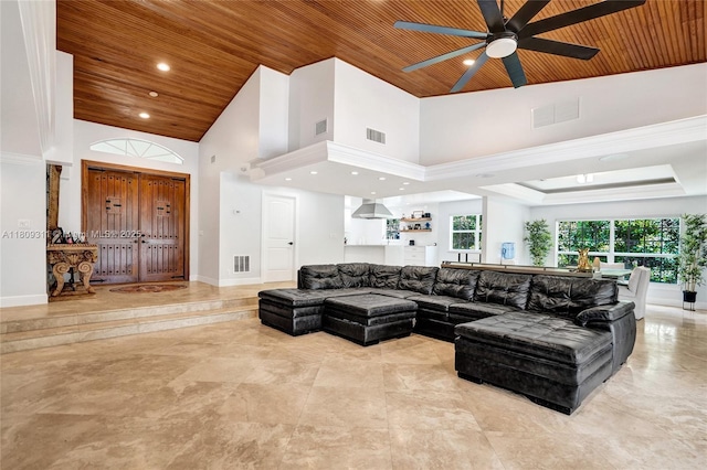 5963 NW 75th Way, Parkland, FL 33067 - living area featuring wooden ceiling, ceiling fan, high vaulted ceiling, recessed lighting, and baseboards
