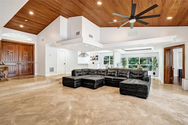 5963 NW 75th Way, Parkland, FL 33067 - living room featuring wood ceiling, ceiling fan, high vaulted ceiling, recessed lighting, and baseboards