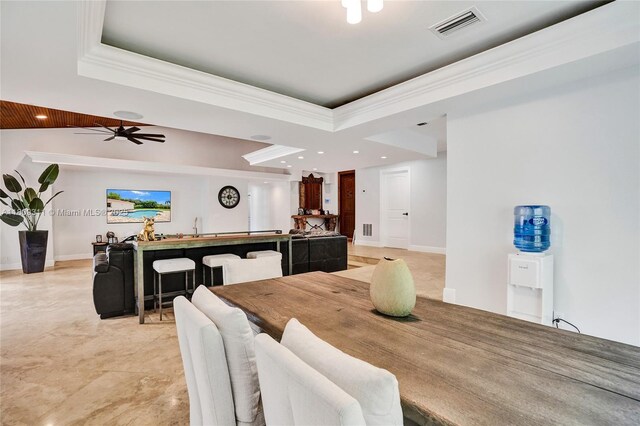 5963 NW 75th Way, Parkland, FL 33067 - dining area featuring a tray ceiling, ornamental molding, recessed lighting, wet bar, and ceiling fan