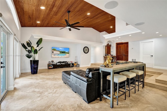 5963 NW 75th Way, Parkland, FL 33067 - living room featuring wooden ceiling, lofted ceiling, a ceiling fan, recessed lighting, and plenty of natural light