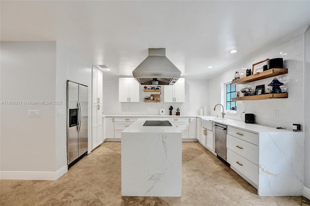 5963 NW 75th Way, Parkland, FL 33067 - kitchen with open shelves, appliances with stainless steel finishes, island range hood, decorative backsplash, and recessed lighting