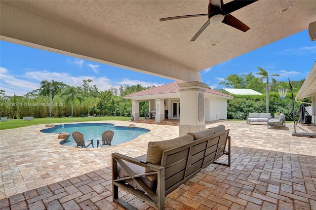 5963 NW 75th Way, Parkland, FL 33067 - swimming pool featuring an outdoor living space, a patio area, and ceiling fan