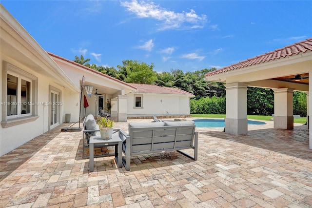 5963 NW 75th Way, Parkland, FL 33067 - view of patio / terrace featuring ceiling fan, an outdoor pool, and an outdoor living space