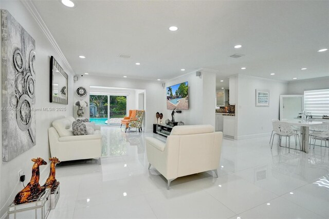 8438 NW 26th Dr, Coral Springs, FL 33065 - living area featuring crown molding, recessed lighting, healthy amount of natural light, and light tile patterned flooring