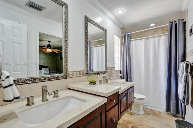 8438 NW 26th Dr, Coral Springs, FL 33065 - full bathroom featuring ornamental molding, double vanity, a ceiling fan, and a shower with shower curtain