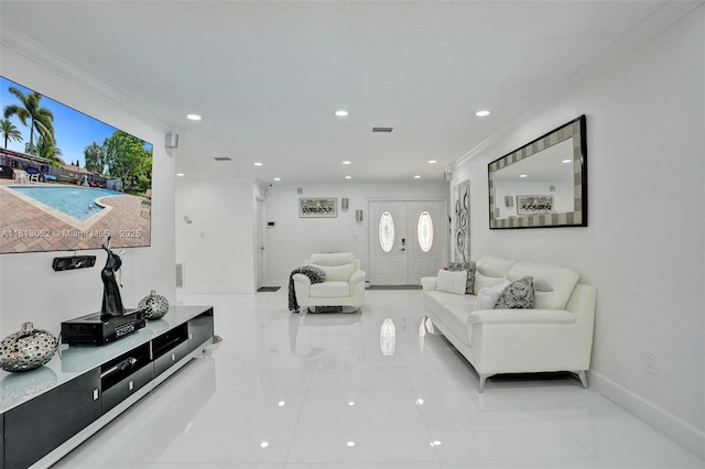 8438 NW 26th Dr, Coral Springs, FL 33065 - tiled living room with ornamental molding and recessed lighting