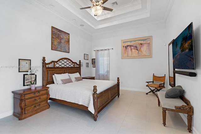 4241 NE 23rd Ter, Lighthouse Point, FL 33064 - bedroom with a tray ceiling, a ceiling fan, and ornamental molding