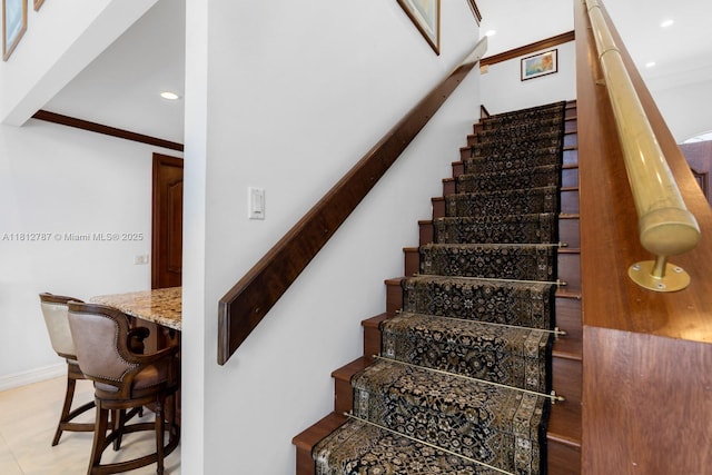 4241 NE 23rd Ter, Lighthouse Point, FL 33064 - stairway featuring ornamental molding and recessed lighting