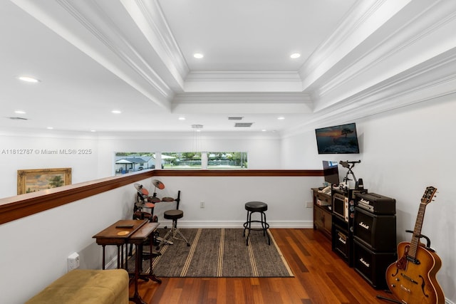 4241 NE 23rd Ter, Lighthouse Point, FL 33064 - sitting room with wood finished floors, a tray ceiling, ornamental molding, and recessed lighting