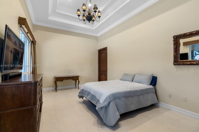 4241 NE 23rd Ter, Lighthouse Point, FL 33064 - bedroom with a raised ceiling, a chandelier, light tile patterned floors, and crown molding
