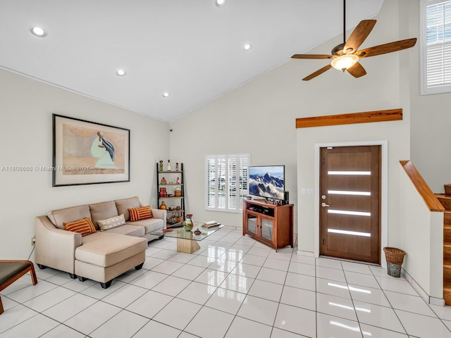 6566 NW 197th Ln, Hialeah, FL 33015 - living room with a ceiling fan, recessed lighting, high vaulted ceiling, and light tile patterned flooring