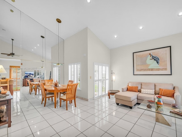 6566 NW 197th Ln, Hialeah, FL 33015 - dining area with high vaulted ceiling, ceiling fan, light tile patterned floors, and recessed lighting