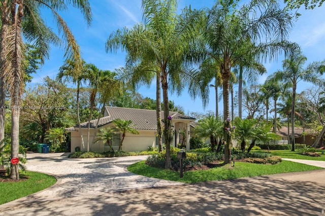 7395 SW 166th St, Palmetto Bay, FL 33157 - mediterranean / spanish house with curved driveway, stucco siding, and a tile roof