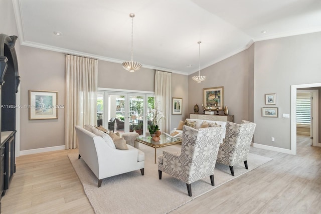 7395 SW 166th St, Palmetto Bay, FL 33157 - living room with baseboards, light wood-style floors, ornamental molding, and a high ceiling