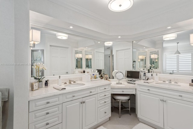 7395 SW 166th St, Palmetto Bay, FL 33157 - bathroom featuring vanity, ornamental molding, tile patterned floors, and recessed lighting