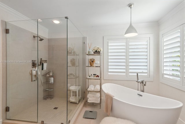 7395 SW 166th St, Palmetto Bay, FL 33157 - full bathroom featuring a shower stall, a freestanding tub, tile patterned flooring, ornamental molding, and recessed lighting