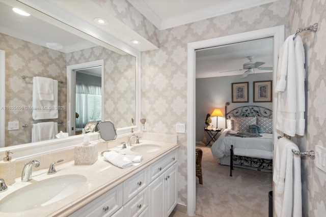 7395 SW 166th St, Palmetto Bay, FL 33157 - ensuite bathroom with ornamental molding, double vanity, and ceiling fan