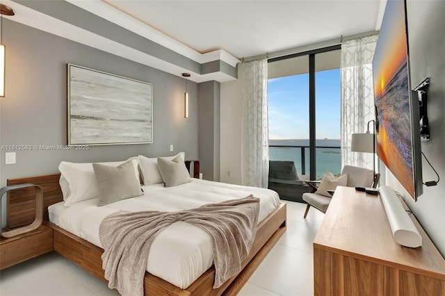 501 NE 31st St Unit Ph4302, Miami, FL 33137 - bedroom with expansive windows, access to exterior, a water view, and light tile patterned flooring