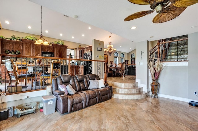 4946 SW 166th Ave, Miramar, FL 33027 - living room with stairway, ceiling fan, light marble finish floors, recessed lighting, and a chandelier