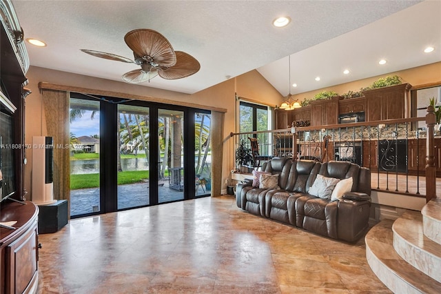 4946 SW 166th Ave, Miramar, FL 33027 - living area featuring recessed lighting, a water view, vaulted ceiling, and a ceiling fan
