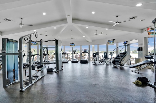 4946 SW 166th Ave, Miramar, FL 33027 - workout area with healthy amount of natural light, beamed ceiling, ceiling fan, and recessed lighting