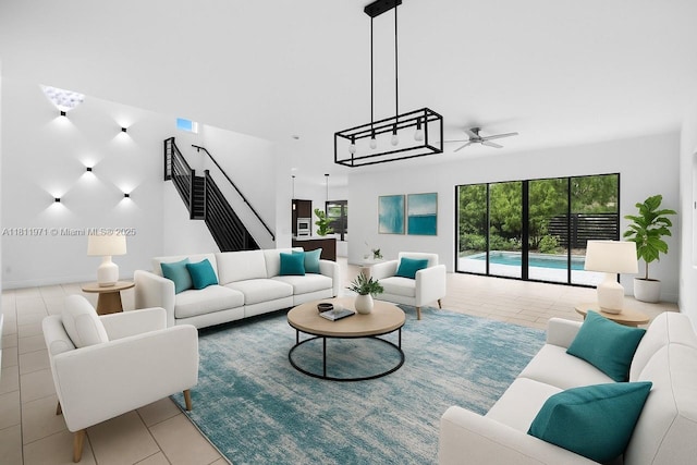 15924 SW 136th Way, Miami, FL 33196 - living room with a ceiling fan, stairway, and tile patterned floors