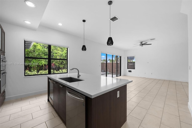 15924 SW 136th Way, Miami, FL 33196 - kitchen with appliances with stainless steel finishes, dark brown cabinetry, light tile patterned floors, ceiling fan, and recessed lighting