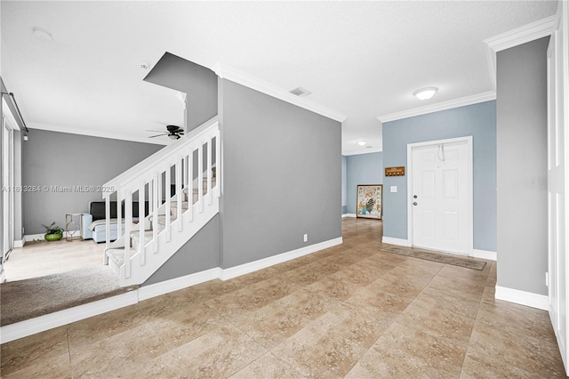 17473 SW 22nd St, Miramar, FL 33029 - foyer entrance featuring ceiling fan, ornamental molding, baseboards, and stairway