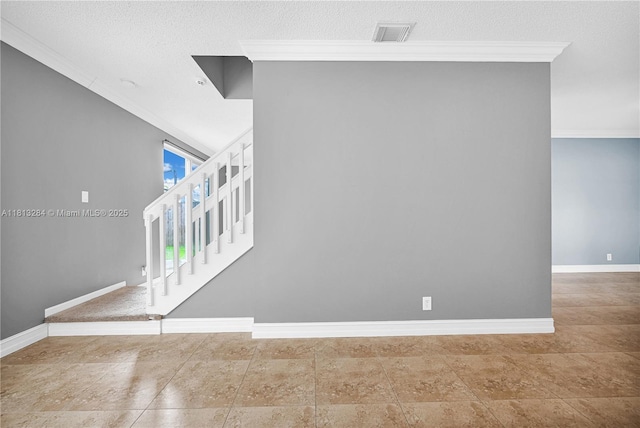 17473 SW 22nd St, Miramar, FL 33029 - stairway with ornamental molding, baseboards, and a textured ceiling