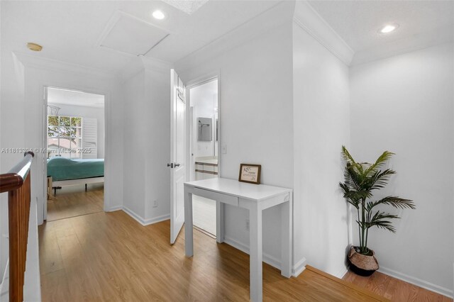 9280 Boca Gardens Pkwy Unit B, Boca Raton, FL 33496 - hallway featuring attic access, light wood-type flooring, recessed lighting, baseboards, and crown molding