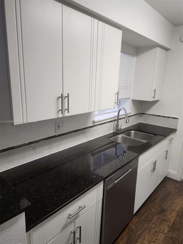 833 Riverside Dr Unit 834, Coral Springs, FL 33071 - kitchen with stainless steel dishwasher, dark wood-style floors, a sink, and white cabinets