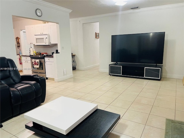 12140 SW 187th St, Miami, FL 33177 - living area featuring crown molding, light tile patterned floors, and baseboards