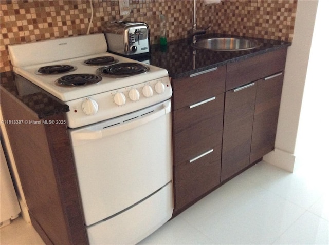 100 Lincoln Rd Unit 1214, Miami Beach, FL 33139 - kitchen featuring white range with electric stovetop, tasteful backsplash, a sink, and dark countertops