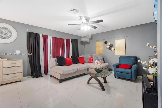 2620 NW 79th Ave, Margate, FL 33063 - living area featuring ceiling fan, light marble finish floors, and baseboards
