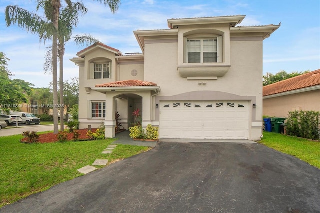 2620 NW 79th Ave, Margate, FL 33063 - mediterranean / spanish home with driveway, stucco siding, a garage, a front lawn, and a tile roof