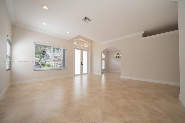 16404 Diamond Pl, Weston, FL 33331 - empty room with arched walkways, crown molding, a chandelier, baseboards, and recessed lighting