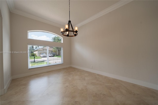 16404 Diamond Pl, Weston, FL 33331 - empty room featuring a chandelier, ornamental molding, baseboards, and a towering ceiling