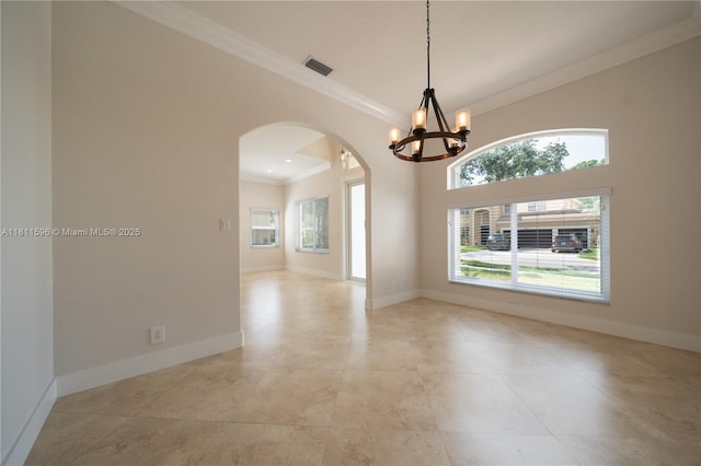 16404 Diamond Pl, Weston, FL 33331 - spare room with arched walkways, crown molding, a chandelier, baseboards, and light tile patterned flooring