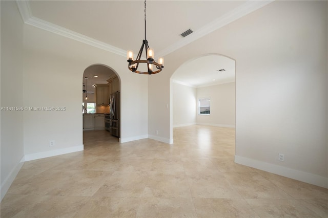 16404 Diamond Pl, Weston, FL 33331 - empty room with arched walkways, ornamental molding, a chandelier, and baseboards