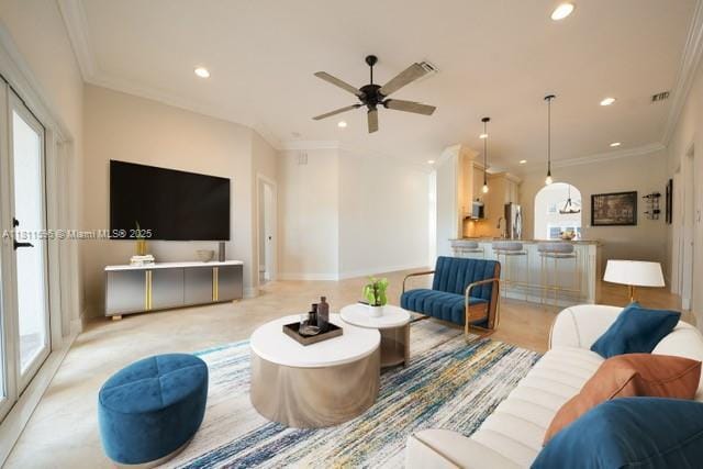 16404 Diamond Pl, Weston, FL 33331 - living room featuring recessed lighting, ceiling fan, baseboards, and ornamental molding