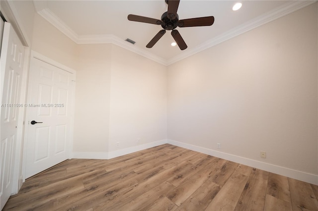 16404 Diamond Pl, Weston, FL 33331 - unfurnished room with baseboards, recessed lighting, ornamental molding, ceiling fan, and light wood-style floors