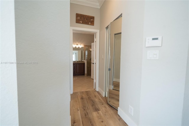 16404 Diamond Pl, Weston, FL 33331 - corridor featuring ornamental molding and light wood finished floors