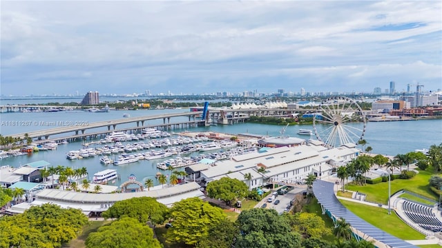 227 NE 2nd St Unit 2208, Miami, FL 33132 - drone / aerial view of city skyline, a nearby body of water, a notable bridge, and numerous boat docks