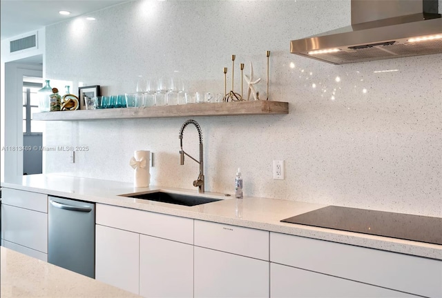 4001 S Ocean Dr Unit 14H, Hollywood, FL 33019 - kitchen featuring wall chimney exhaust hood, a sink, open shelves, stainless steel dishwasher, and black electric cooktop