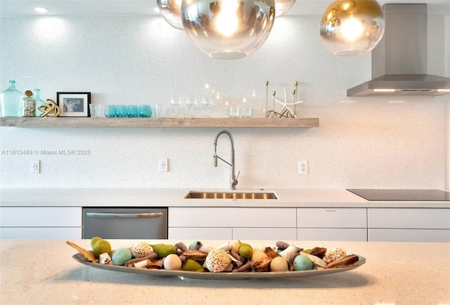 4001 S Ocean Dr Unit 14H, Hollywood, FL 33019 - kitchen with wall chimney range hood, a sink, dishwasher, white cabinets, and black electric cooktop
