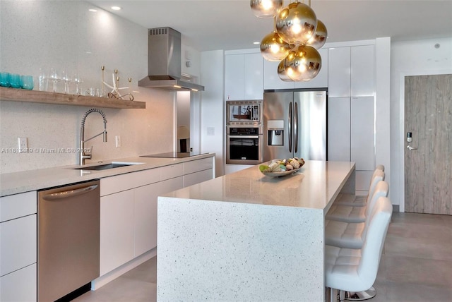 4001 S Ocean Dr Unit 14H, Hollywood, FL 33019 - kitchen featuring appliances with stainless steel finishes, island exhaust hood, modern cabinets, a sink, and open shelves