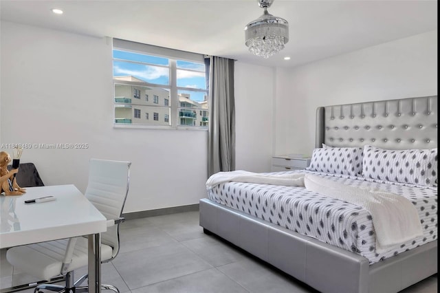 4001 S Ocean Dr Unit 14H, Hollywood, FL 33019 - bedroom with baseboards, a chandelier, recessed lighting, light tile patterned floors, and an office area