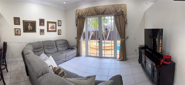 8792 NW 167th St, Miami Lakes, FL 33018 - tiled living area featuring crown molding and baseboards